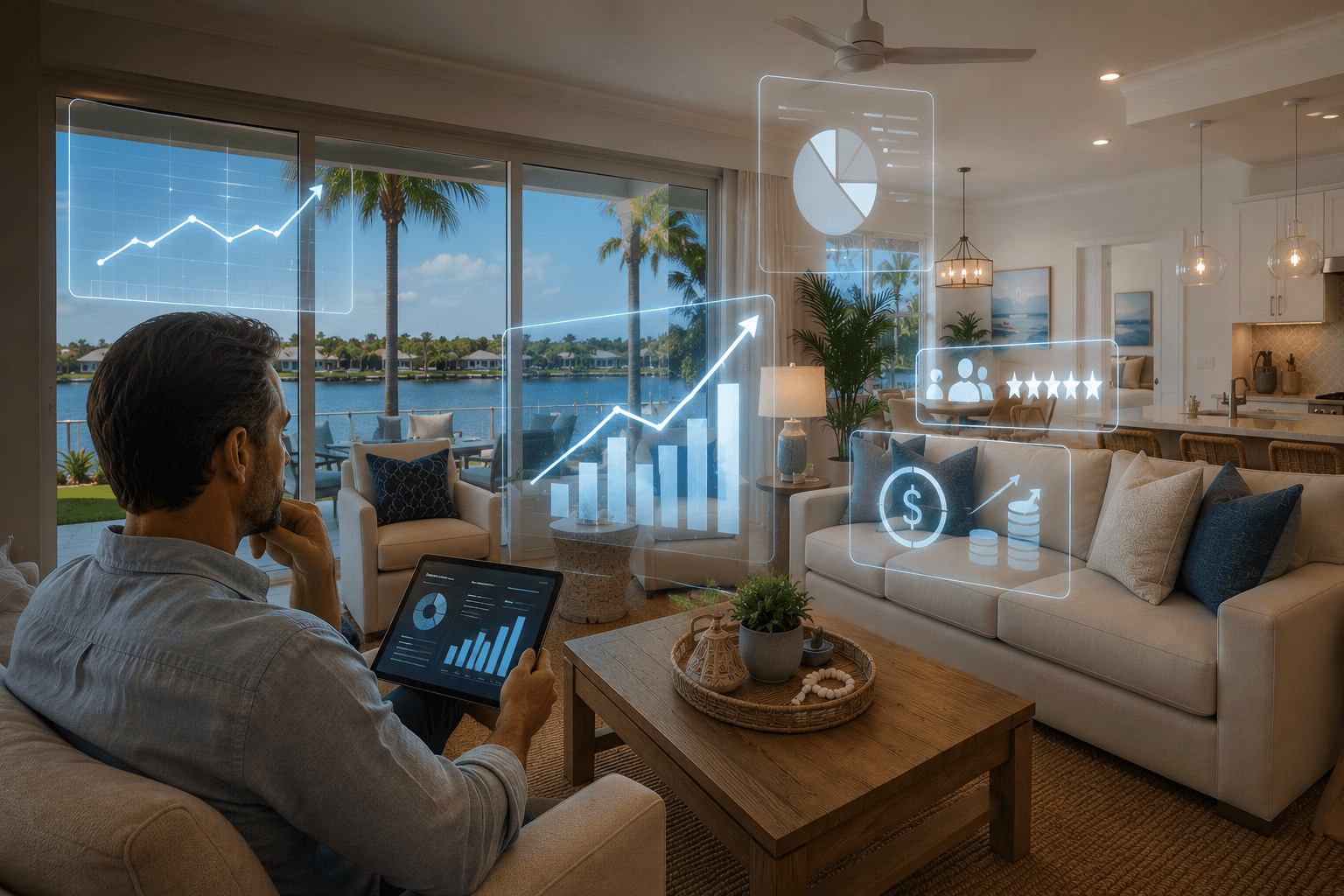 Vacation rental owner reviewing performance insights in a luxury waterfront home